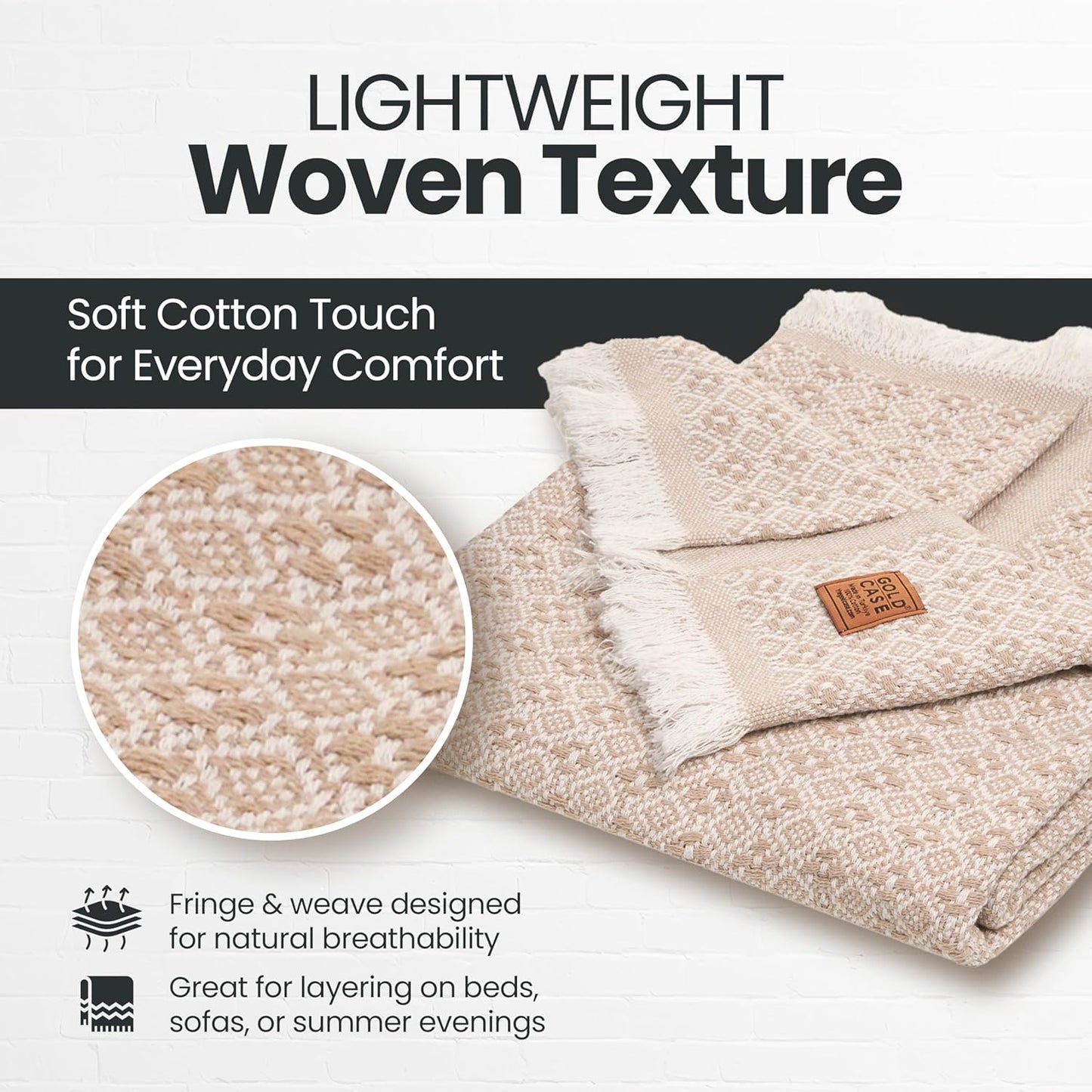 Gold Case Throw Blanket for Couch - 100% Recycled Turkish Cotton Blankets & Throws - Retro Soft Throw Blankets for Living Room - Boho Decorative Woven Couch Blanket - 50x60 - Beige