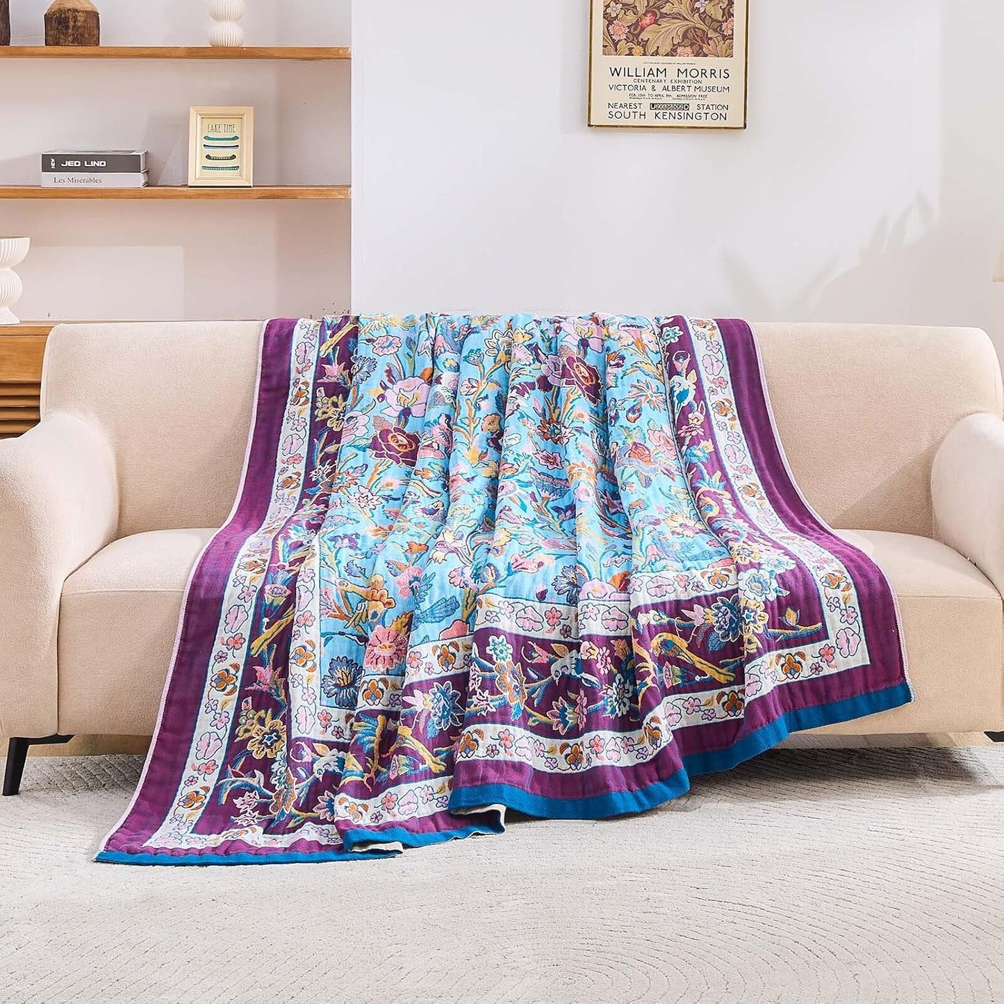 Fall Blanket for Bed, 100% Cotton Soft Rustic Boho Throw Blanket Quilt, 50"x60" Farmhouse Decor Bed Flower Blankets, Light Weight Reversible Bohemian Throw Quilt