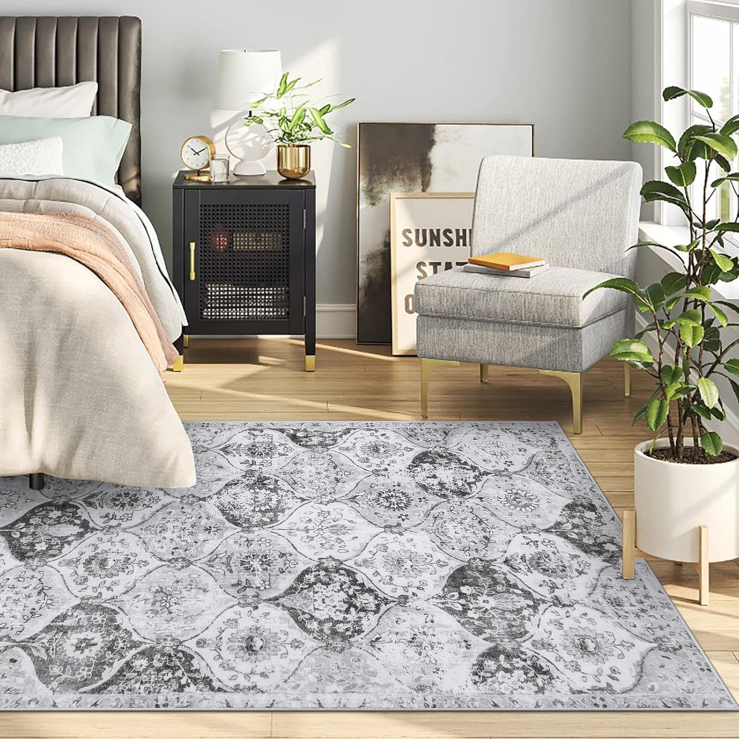 Lahome Moroccan Trellis Washable Small Area Rug, 3x5 Area Rug for Bedroom Living Room, Non-Slip Oriental Accent Throw Carpet for Kitchen Office Entryway Bathroom Office, Silver/Grey