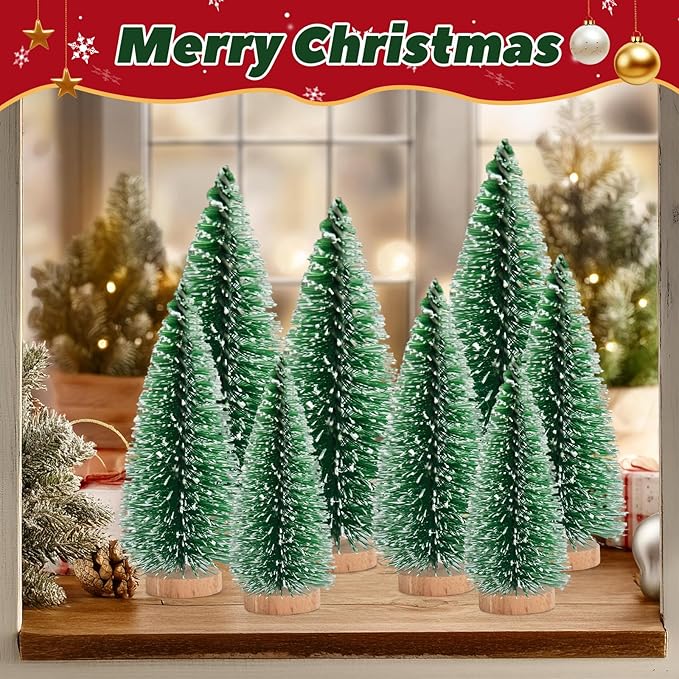 12 Pcs Mini Christmas Tree, Tabletop Christmas Tree with Wooden Bases Artificial Mini Trees with 3 Sizes Christmas Table Decor Bottle Brush Trees for Christmas Decorations (Green Snow)