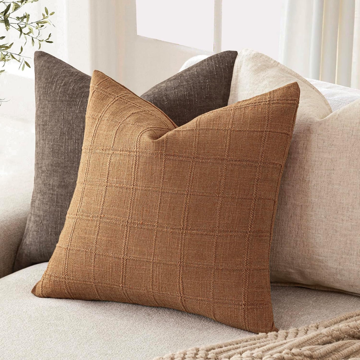 Foindtower Set of 2 Decorative Linen Check Throw Pillow Covers Neutral Farmhouse Vintage Cushion Covers Modern Boho Home Decor for Sofa Chair Couch Bedroom Living Room,26×26 Inch,Brick