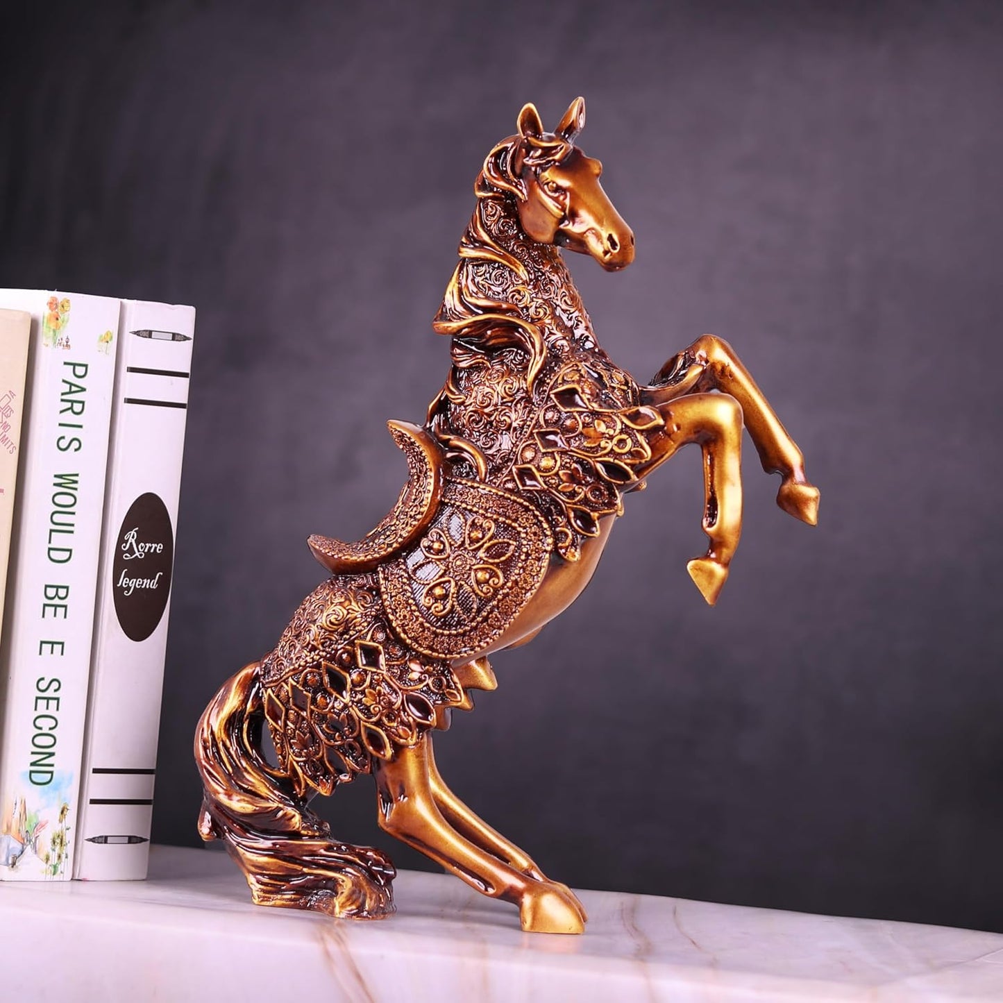 Horse Statue for Home Decor - Office Showpiece Item - Golden Art 14'' Figurines Statues for Desk & Room Cabinet to Attract Luck and Wealth Resin Horse Ornaments Gift for Mother - 1pcs