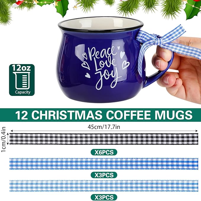 Zubebe Christmas Coffee Mugs Set of 12, 12 oz Hot Cocoa Ceramic Holiday Mugs Set for Mom, Woman, Family, Friend - Farmhouse Tiered Tray Decor, Coffee Bar Decor(Blue, White, Black)