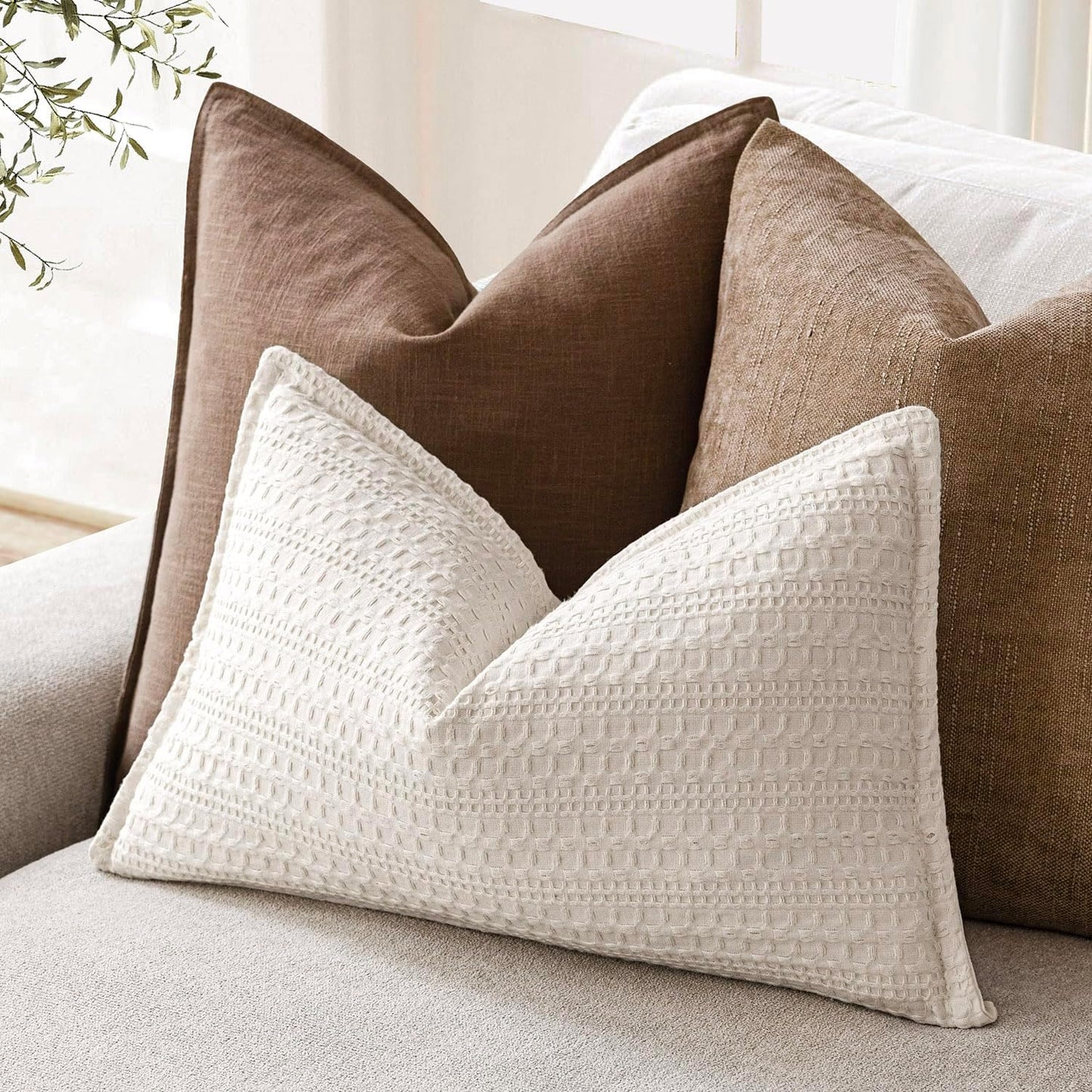 Foindtower Set of 2 Decorative Cotton Waffle Weave Lumbar Throw Pillow Covers Euro Shams Cushion Covers Accent European Pillowcase For Bed Couch Bedroom Living Room Home Decor 12×20 Inch Natural Ivory