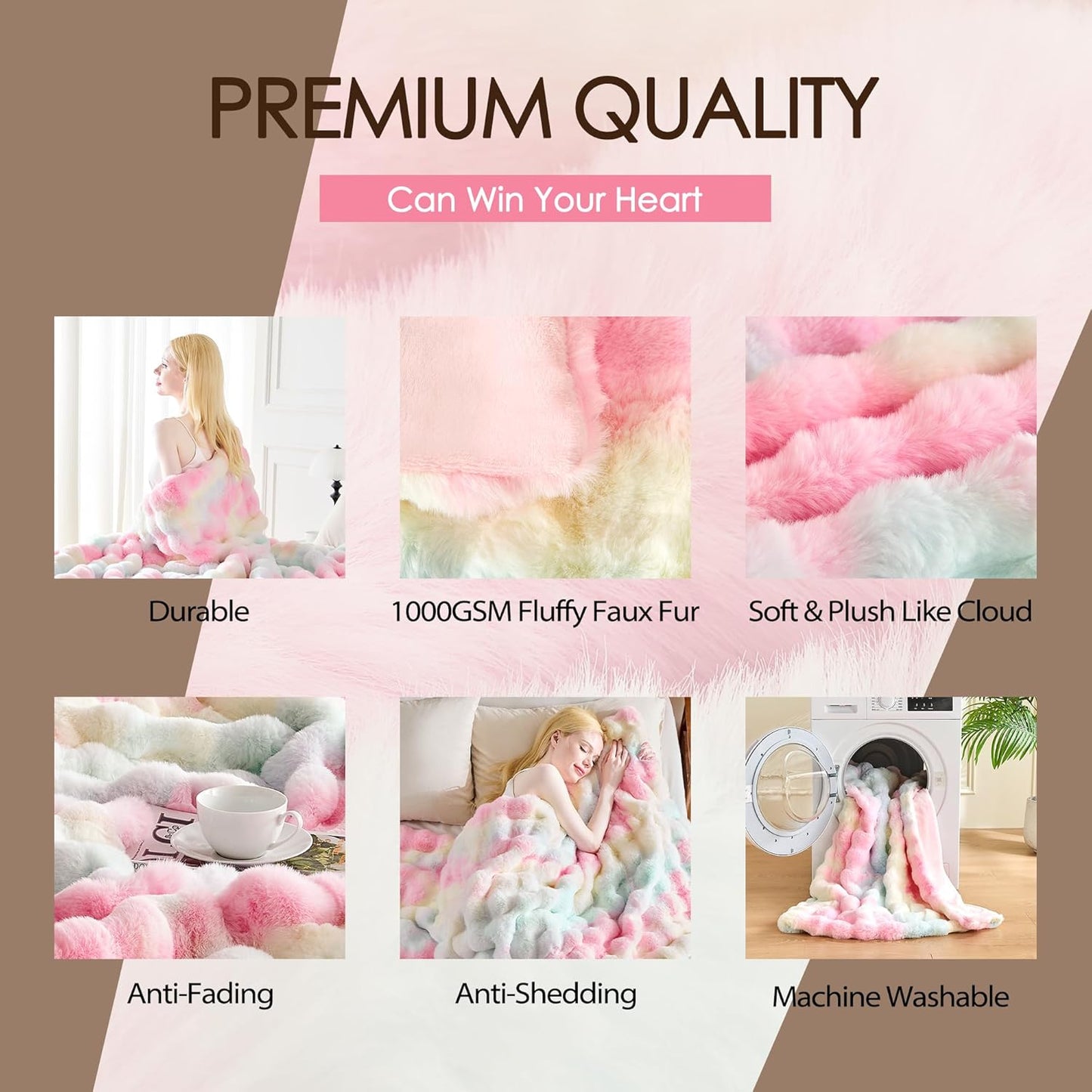 Luxury 1000GSM Faux Rabbit Fur Throw Blanket, Super Heavy Warm Cozy Blankets for Couch Bed Sofa, Bubble Plush Fuzzy Elegant Soft Reversible Mink Blanket for Living Room Bedroom, Rainbow