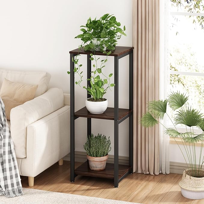 Plant Stand Indoor Corner Tall 3 Tier Metal Modern Flower Storage Plant Shelf Holder for Living Room Balcony Garden,Black Oak (3 Tier-Black Oak)