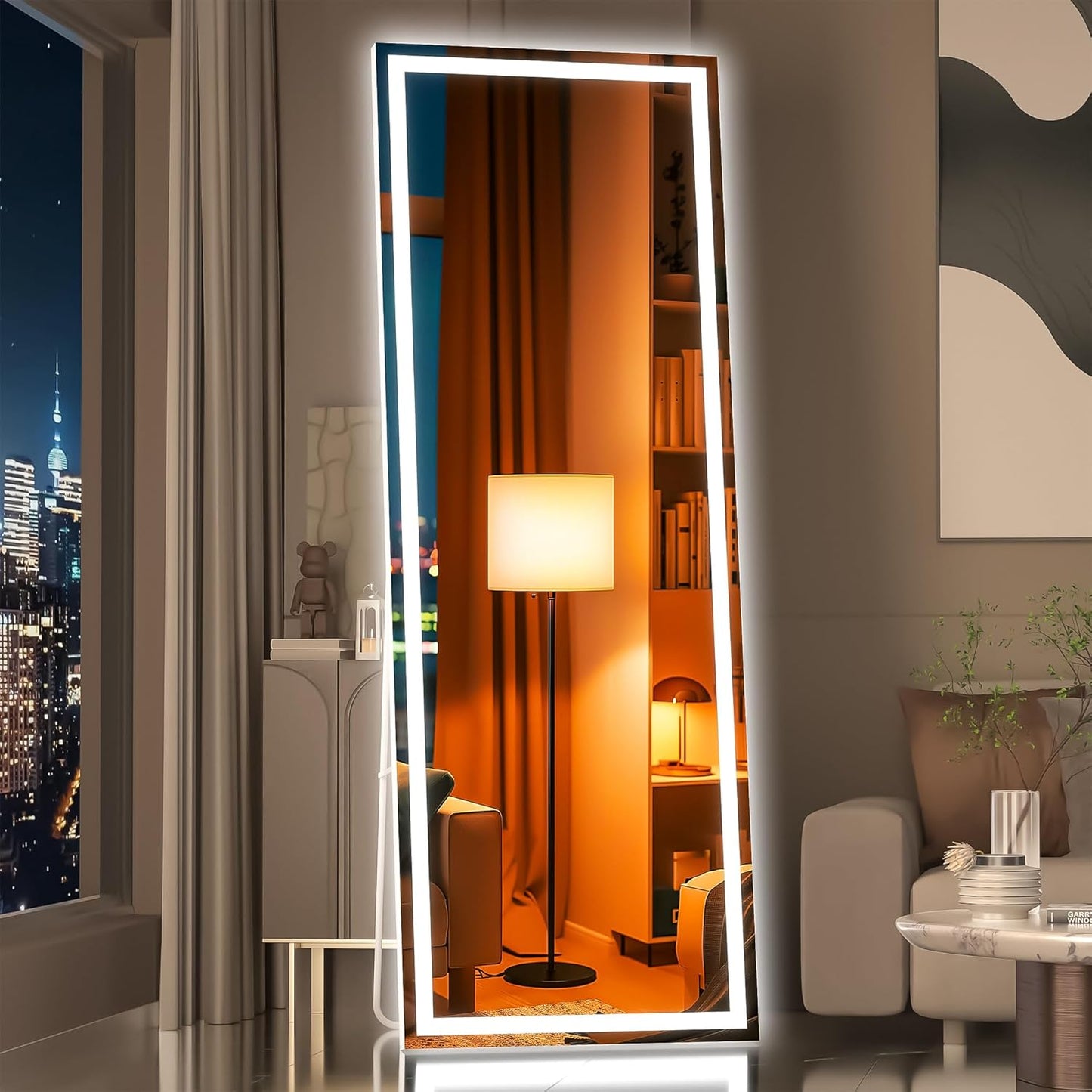 Hasipu Full Length Mirror with Lights, 55.7" x 15.8" LED Floor Mirror, Full Body Dressing Standing, Hanging Mounted Mirrors, Square White, Plastic Frame