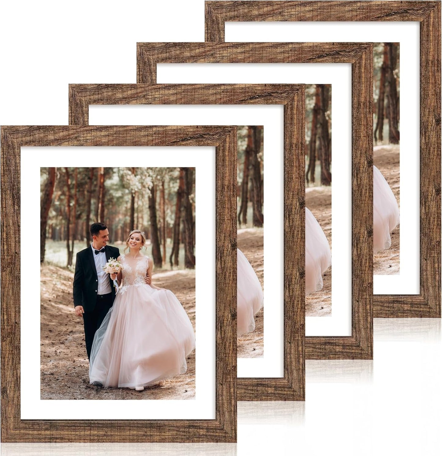 iRahmen 10x14 Picture Frame Set of 4 with Tempered Glass, Rustic Frame Display 8x12 Pictures with Mat or 10 x 14 Without Mat, Wooden Photo Frames for Wall Mounting