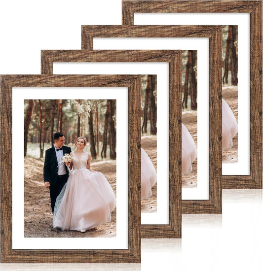 iRahmen 10x14 Picture Frame Set of 4 with Tempered Glass, Rustic Frame Display 8x12 Pictures with Mat or 10 x 14 Without Mat, Wooden Photo Frames for Wall Mounting