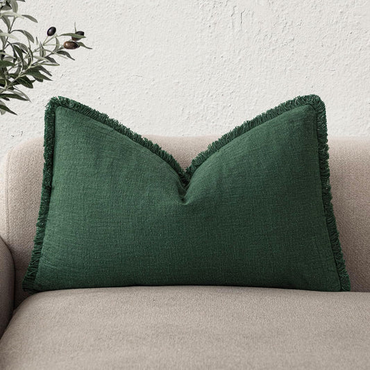 Foindtower Decorative Linen Fringe Lumbar Throw Pillow Covers Cozy Boho Farmhouse Cushion Cover with Tassel Soft Accent Pillowcase for Sofa Bed Living Room Home Decor, 12×20 Inch,1PC,Pine Green