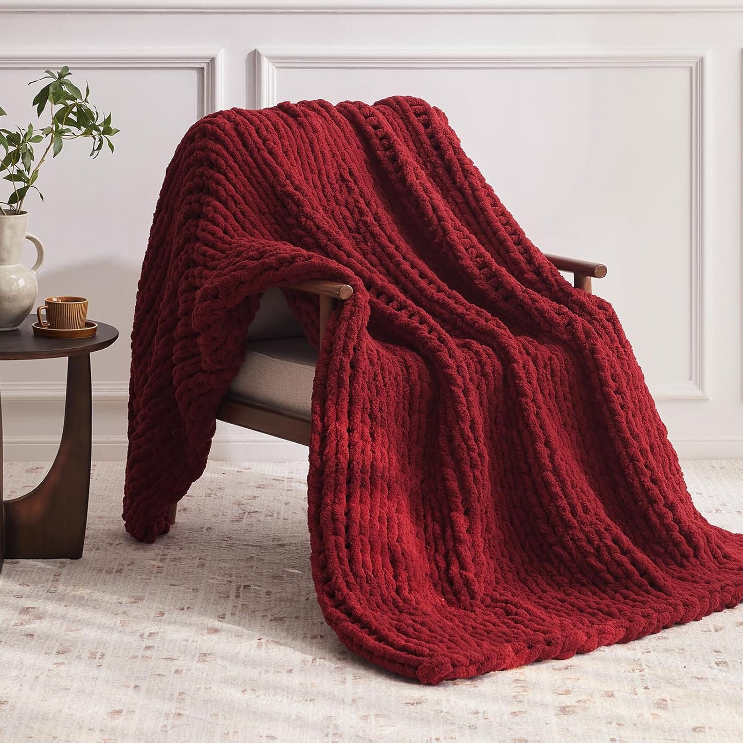 Chunky Knit Throw Blanket, 50''*60'' Knitted Throw Chenille Yarn for Bed Couch, Handmade Red Crochet Big Thick Blanket, Machine Washable Cute Comfy Blanket for Home Decor