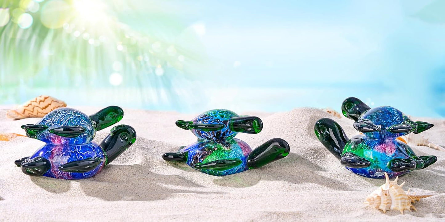 EUSTUMA Hand Blown Glass Sea Turtle with Babies Figurines,Sea Animal Ornament for Home Decor,Sea Animals Collection for Birthday Gift,Glass Tortoise Sculpture