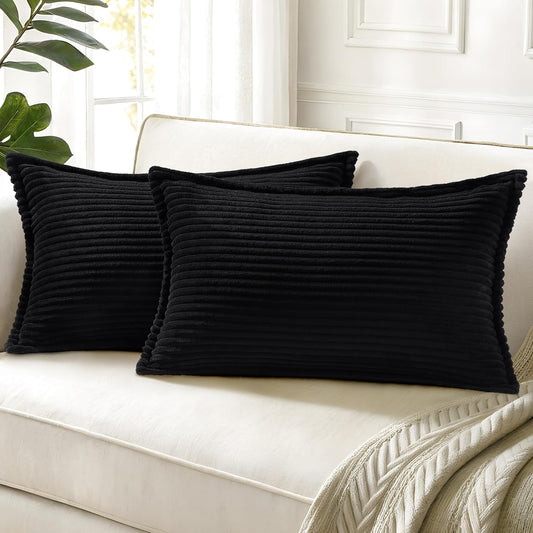 decorUhome Corduroy Black Throw Pillow Covers 12x20 Set of 2 Decorative Soft Boho Farmhouse Lumbar Euro Couch Pillow Covers for Living Room Bed Sofa Broadside Striped Pillow Cases