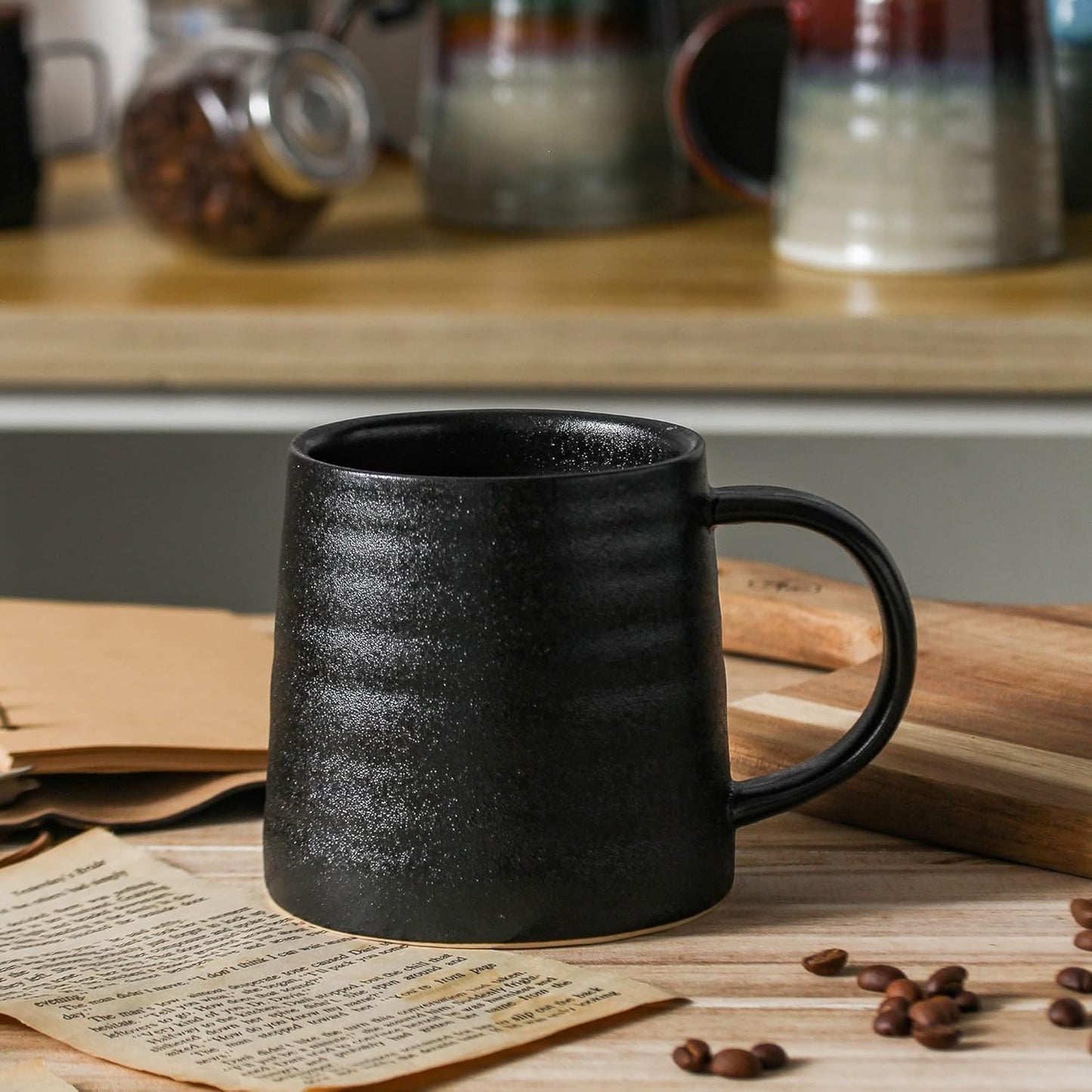 Large Ceramic Coffee Mugs, Handmade Pottery Mug, Tea Cups with Handle for Office and Home, 16 oz, Dishwasher and Microwave Safe (Frosted Black)