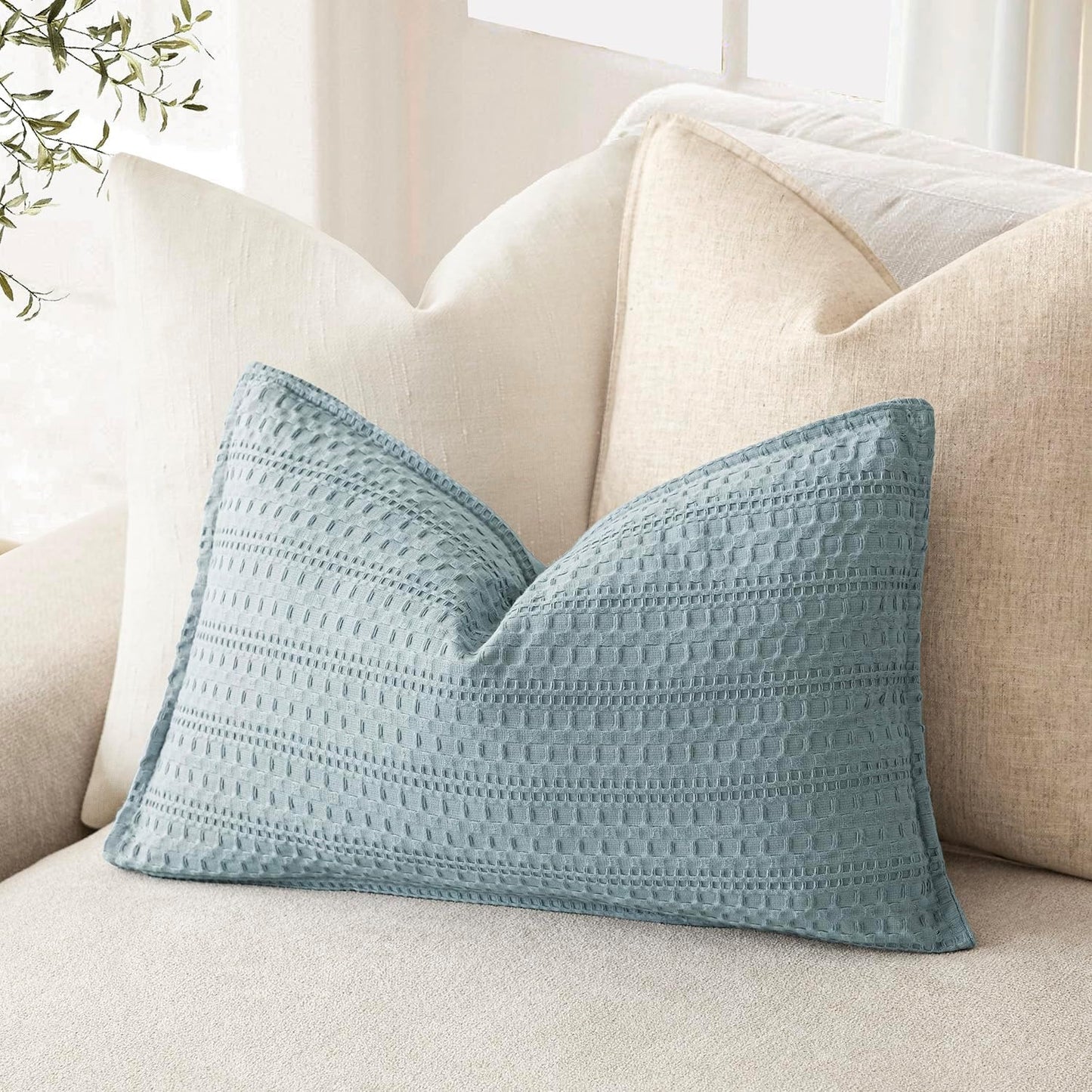 Foindtower Set of 2 Decorative Cotton Waffle Weave Lumbar Throw Pillow Cover Euro Sham Cushion Covers Accent European Pillowcase For Bed Couch Sofa Bedroom Living Room Home Decor 12×20 Inch Light Blue
