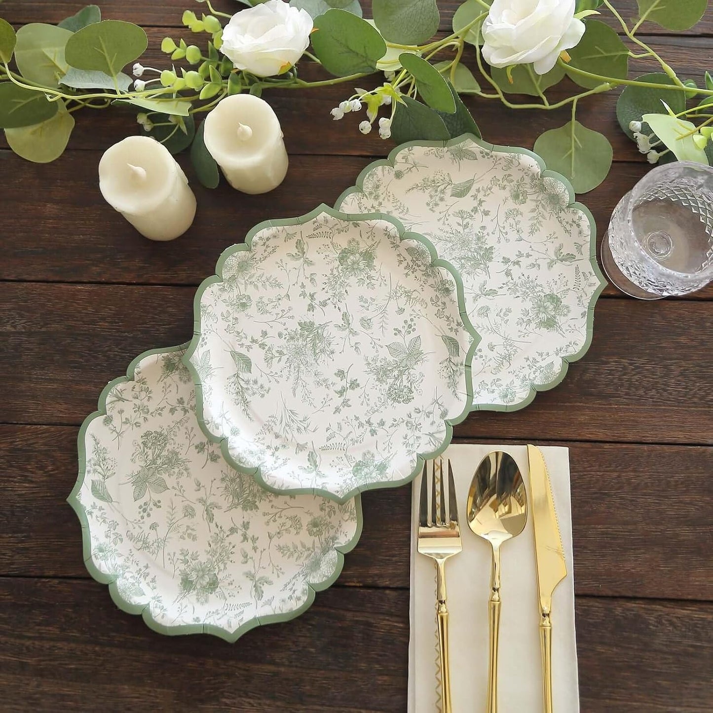 Efavormart 25 Pack White Sage Green Floral Leaf Print Dessert Paper Plates with Scalloped Rim, 8" Round Disposable Appetizer Salad Plates - 300GSM