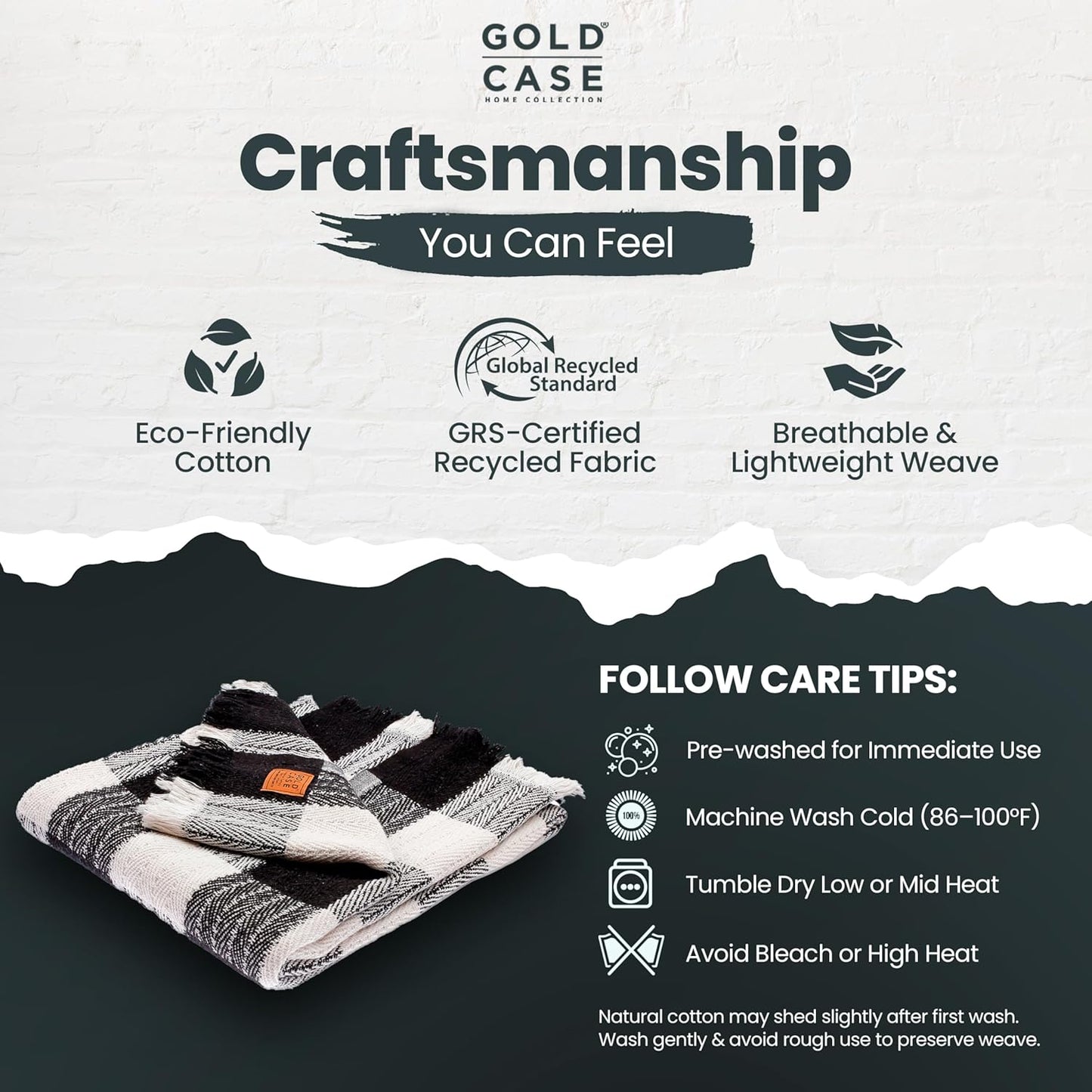 Gold Case Throw Blanket for Couch - 100% Recycled Turkish Cotton Blankets & Throws - Buffalo Soft Throw Blankets for Living Room - Boho Decorative Woven Couch Blanket - 60x80 - Black