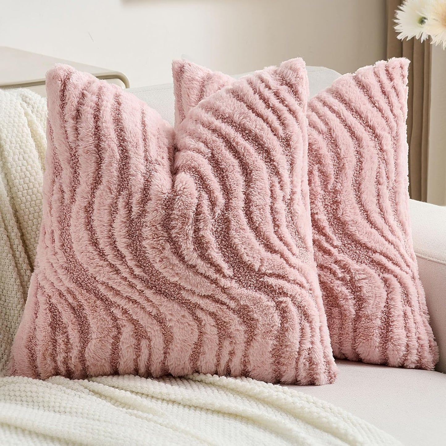 FUTEI Pink Decorative Throw Pillow Covers 24x24 Inch Set of 2,Soft Faux Fur Geometric Shapes Texture European Cushion Case,Boho Home Decor for Couch Bed Living Room