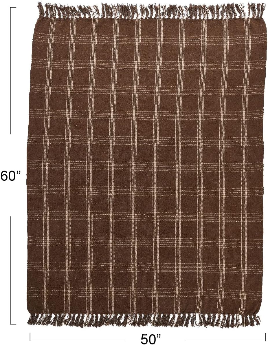 Creative Co-Op Recycled Cotton Blend Throw Blanket with Fringe, Brown Plaid