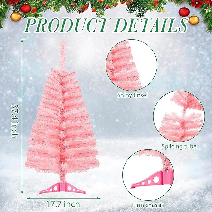 3Ft Artificial Christmas Tree Pink Tabletop Christmas Tree with Plastic Stand Mini Xmas Pine Tree for Indoor Outdoor Holiday Home Decoration