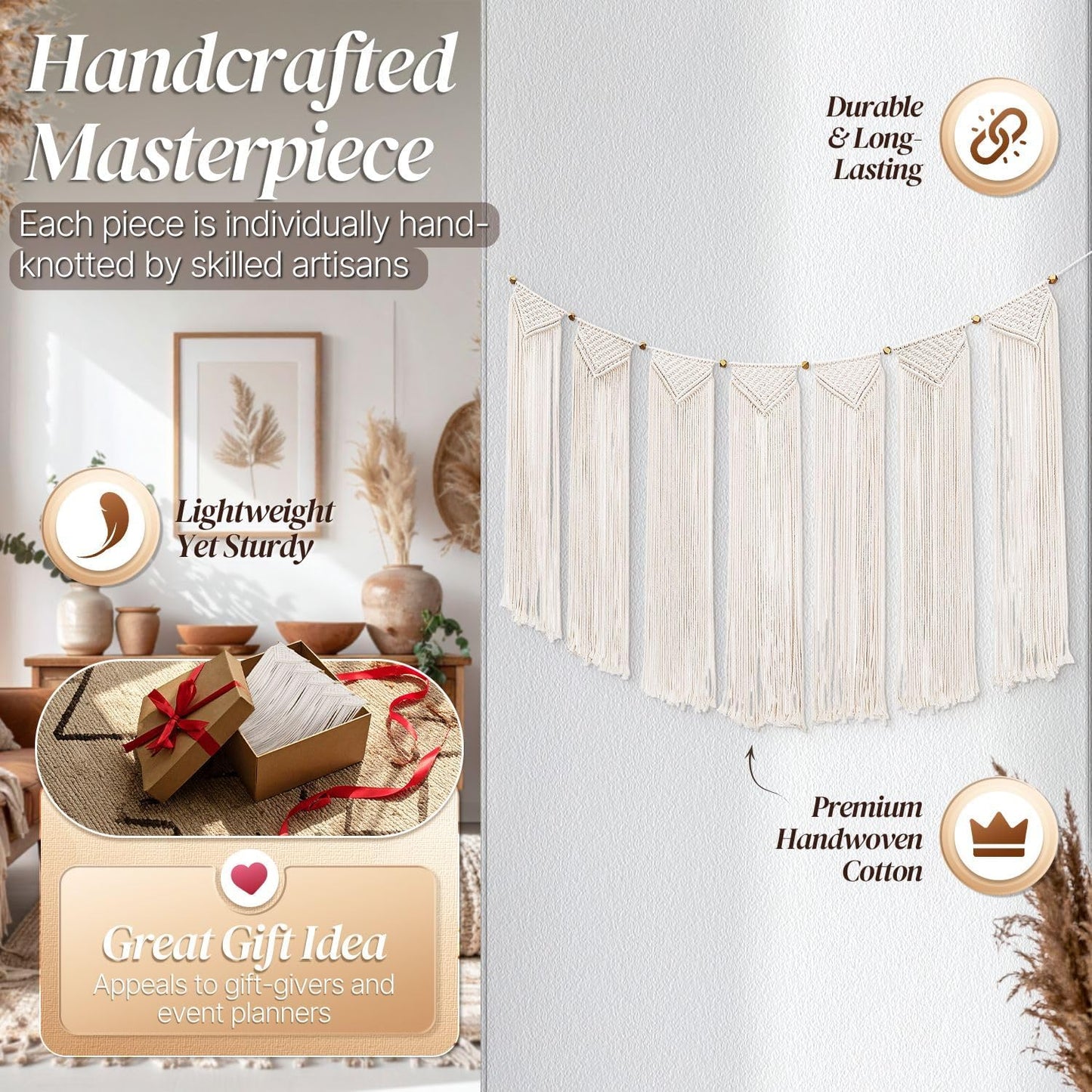 Flexzion Macrame Wall Decor Hanging Boho Hand Woven Tapestry Art Bunting Banner Bohemian Wall Decor for Home Bedroom Living Room Rustic Hippie Garland Baby Nursery, 47 Inch Cream White Cotton Curtain