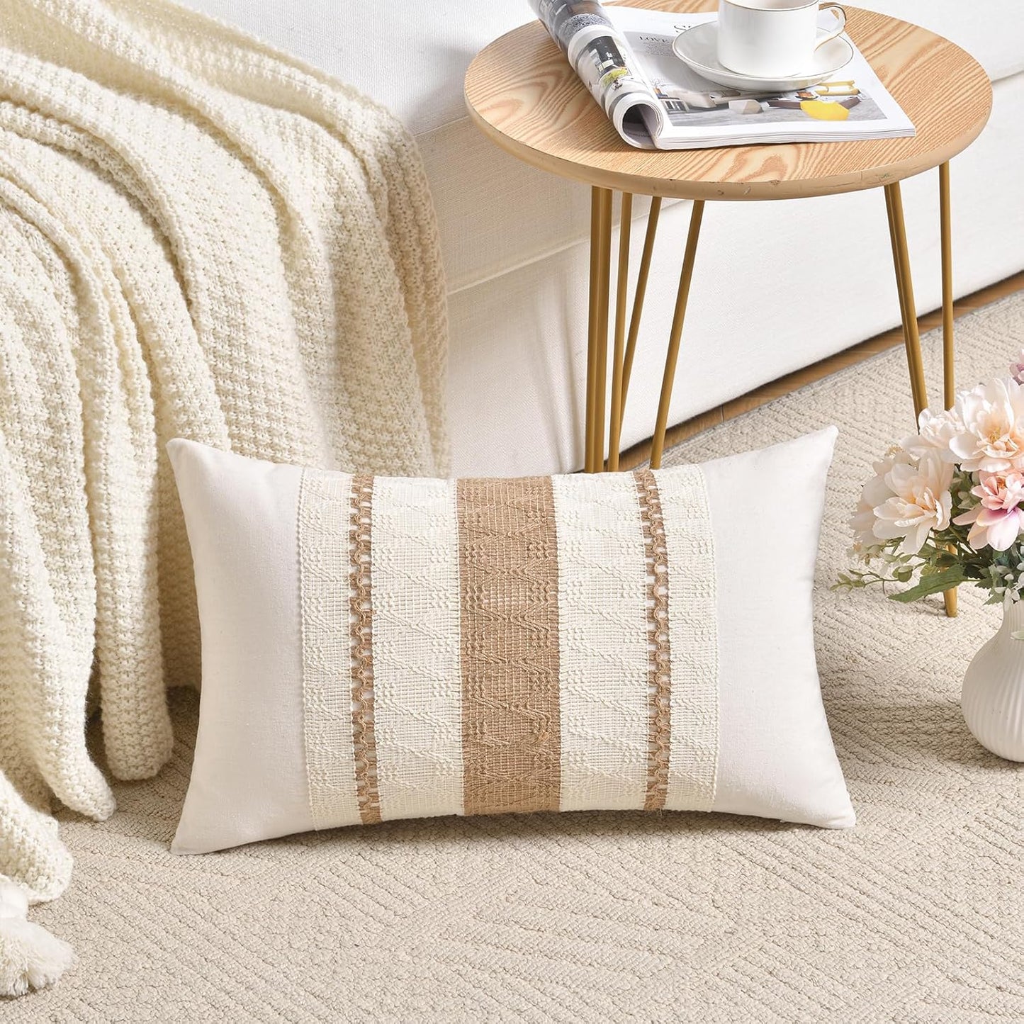 Fancy Homi Set of 2 Boho Neutral Long Lumbar Decorative Throw Pillow Cover 12x24 Inch for Couch Bed Sofa Chair, Modern Organic Farmhouse Home Decor, Soft Cotton Cute Accent Tan Rectangle Cushion Case