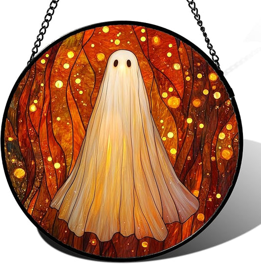 Stained Glass Window Hanging - Halloween Decoration Glowing Forest Ghost Suncatcher for Door Garden Spooky Orange Sun Catchers Gothic Decor Horror Gifts for Women Men Friend Boy Girl 15 in