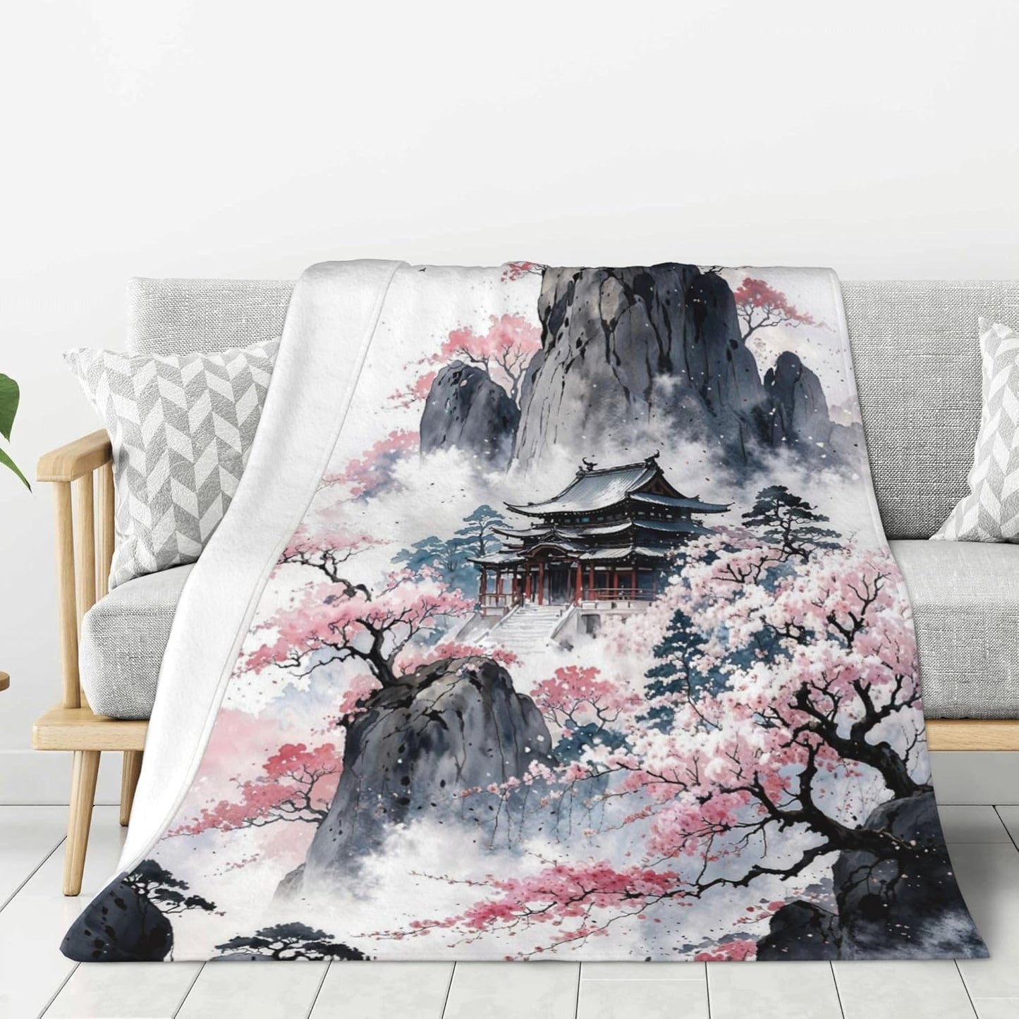 Japanese Cherry Blossom Ink Painting Throw Blanket, Fuzzy Blanket, Ultra Soft Cozy Flannel Throw Blankets Lightweight Fleece Blankets for Bed Couch Sofa 60"×80"