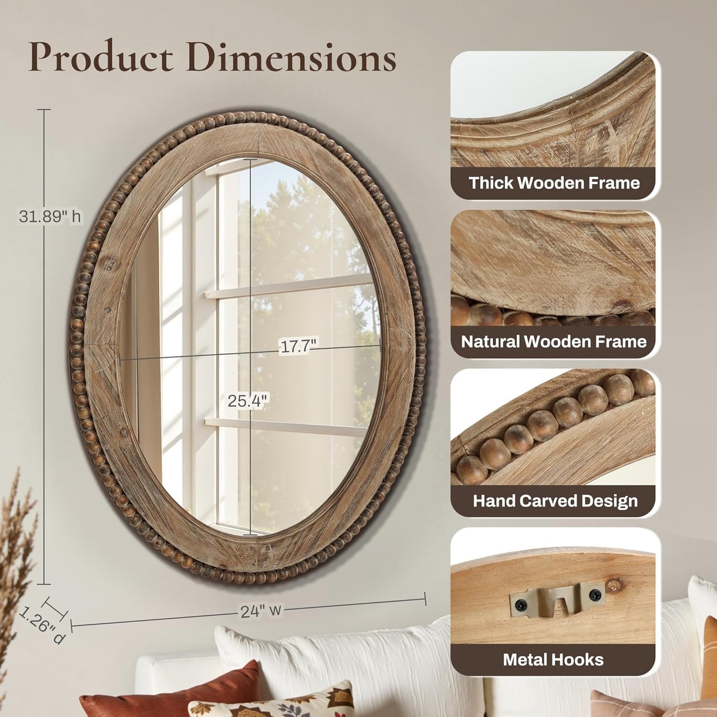 LuxenHome Traditional Oval Wall Mirror, 32-Inch Wood Framed Accent Wall Mirrors, Farmhouse Decorative Wooden Mirror Accent Entryway Wall Mirror, Wall Mounted Mirror Living Room Wall Decor