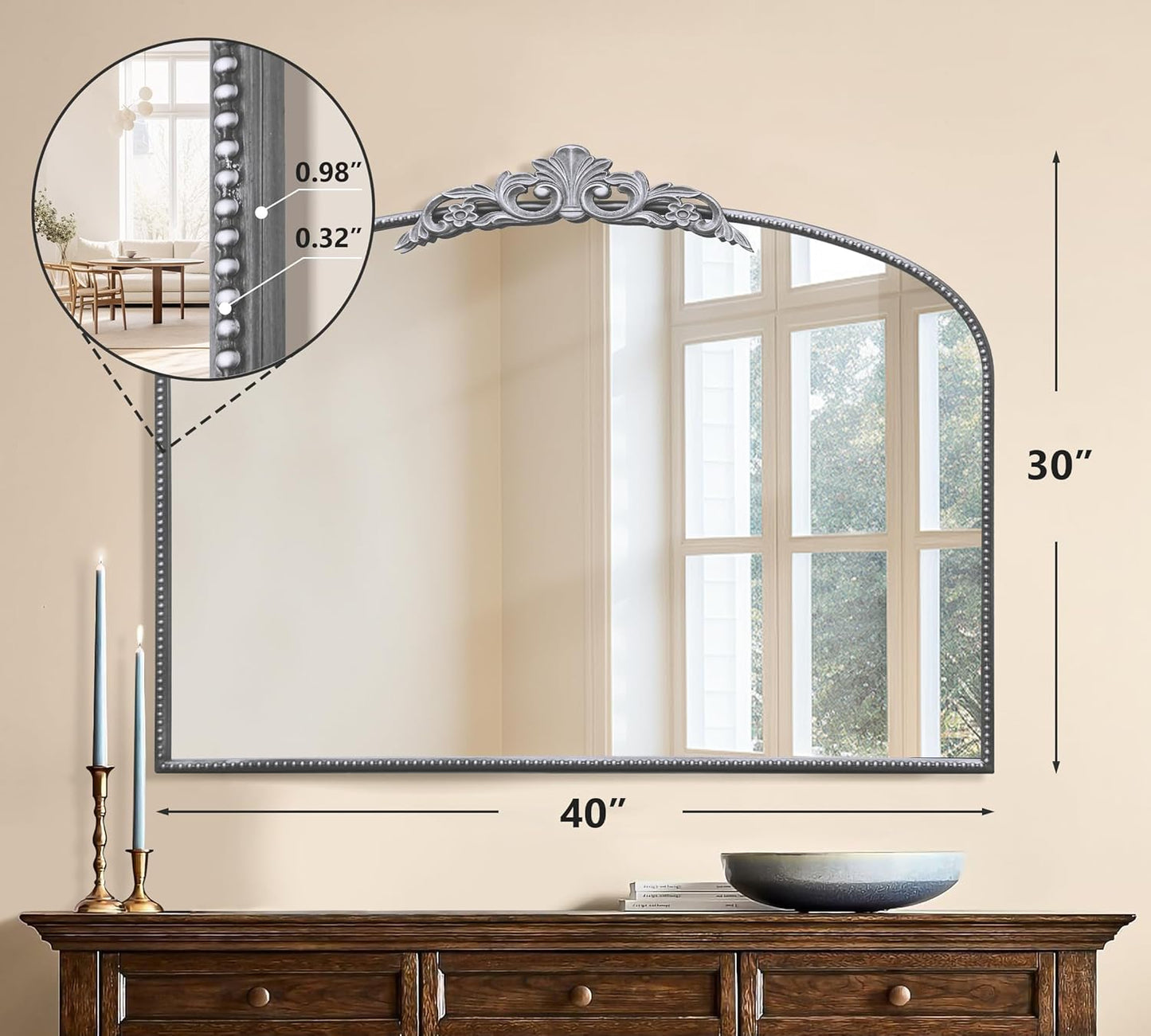 Micasso Antique Wall Silver Mirror: 40" x 30" French Baroque Vintage Mirror - Traditional Ornate Decorative Arched Mirrors for Wall/Bathroom/Entryway/Fireplace/Hallway - Home Decor for Living Room