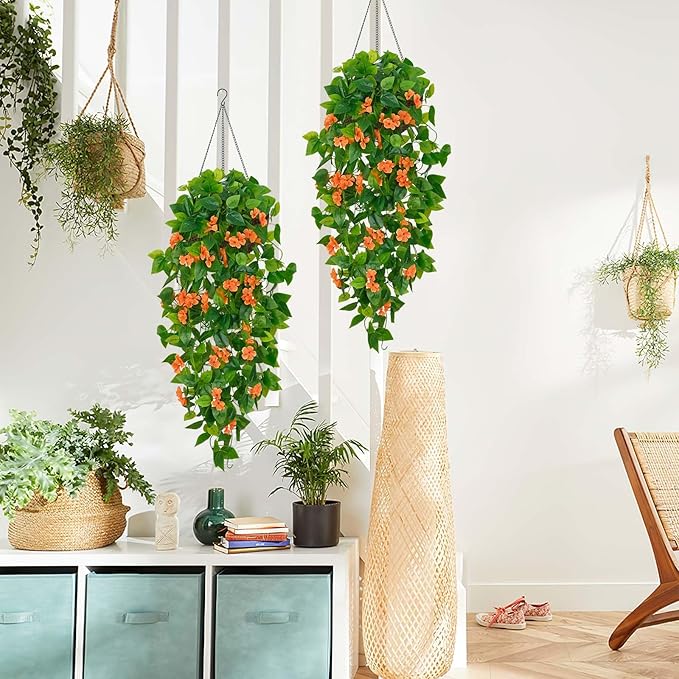 BLEUM CADE Artificial Hanging Flowers for Outdoors, 4pcs Fake Hanging Plants Pothos Vines with Orange Flowers for Wall Home Living Room Indoor Outdoor Fall Decor (No Baskets)