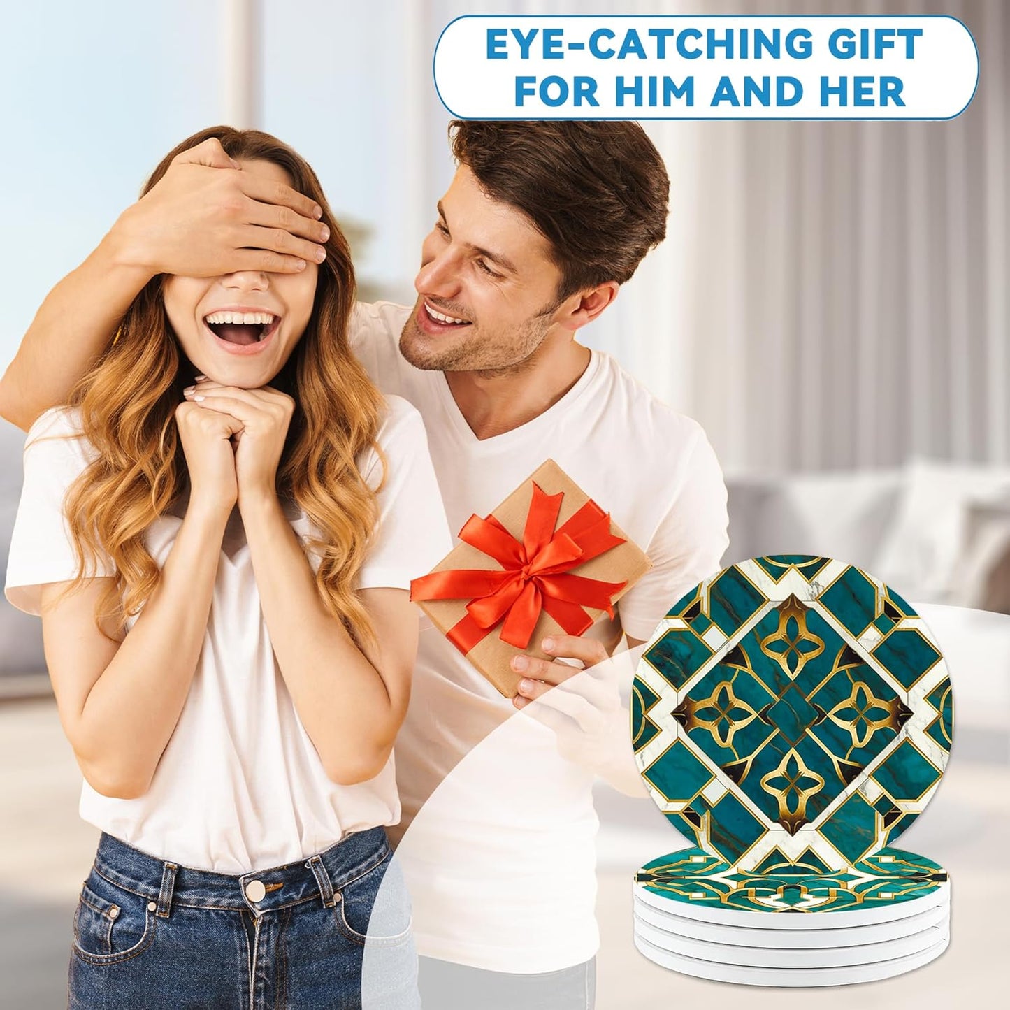 Green Marble Coasters Set of 4, Round Absorbent Ceramic Cup Mat with Cork Base, Cute Coasters for Table Home Decor, Ideal Gifts for Women Men