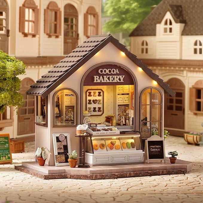 TuKIIE DIY Miniature House Kit with Furniture, 1:24 Scale Creative Room Mini Wooden Dollhouse Book Nook Plus Dust Proof & Music Movement for Kids Teens Adults(Leisurely Bakery)