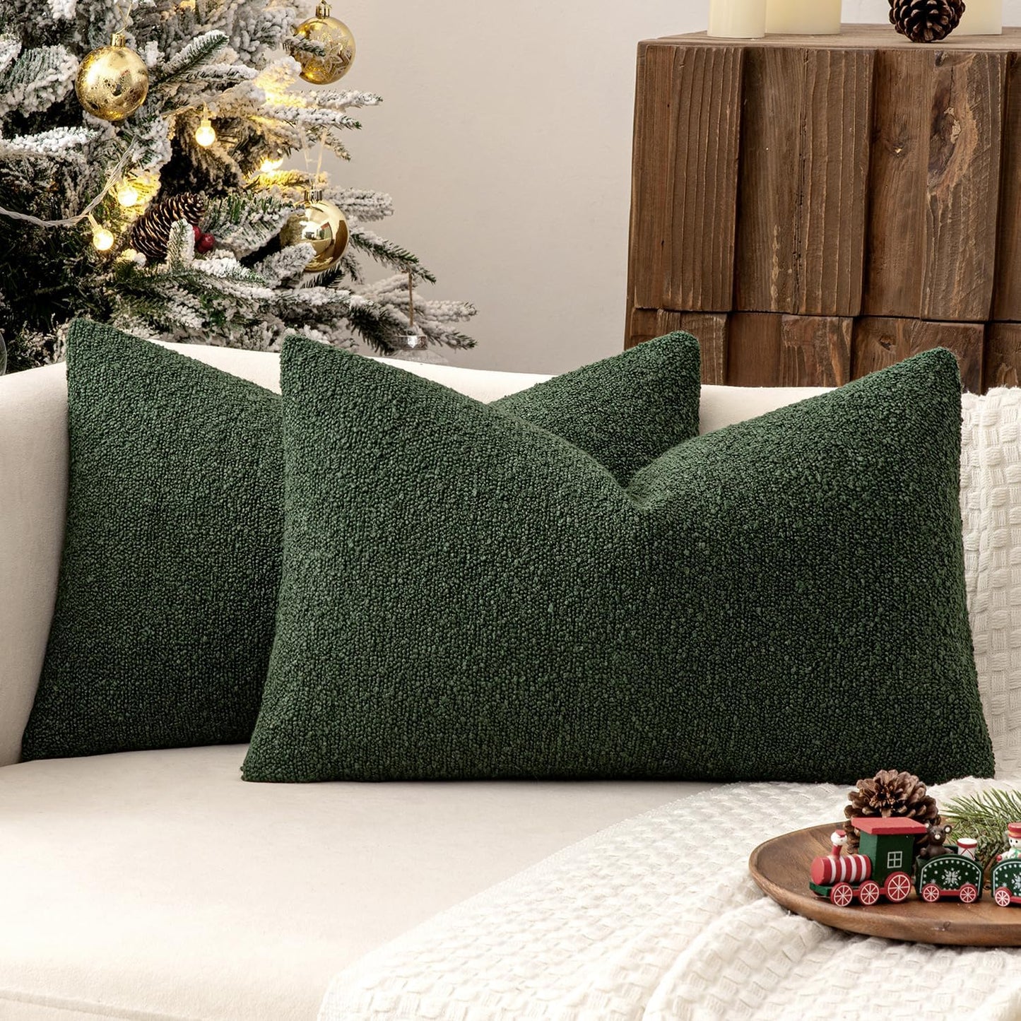 MIULEE 12x20 Inch Christmas Decorative Lumbar Throw Pillows for Bed Set of 2 Textured Boucle Neutral Winter Throw Pillow Covers Dark Green Accent Solid Pillowcases Sofa Livingroom Home Decor