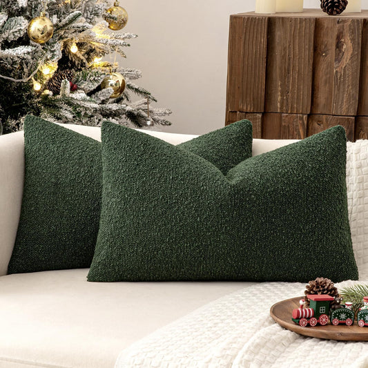 MIULEE 12x20 Inch Christmas Decorative Lumbar Throw Pillows for Bed Set of 2 Textured Boucle Neutral Winter Throw Pillow Covers Dark Green Accent Solid Pillowcases Sofa Livingroom Home Decor