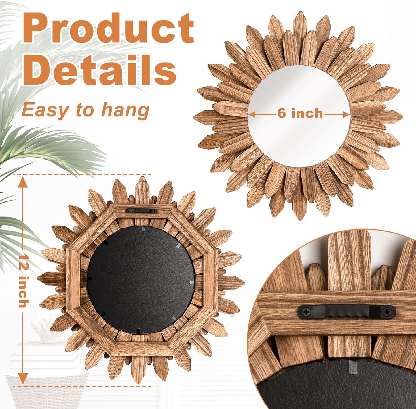 Emfogo Wall Mirror 12 inch Rustic Wood Farmhouse Mirror Sunburst Boho Mirror Wall Decor Room Decor Home Decor for Bedroom Living Room Entryway (Carbonized Black)