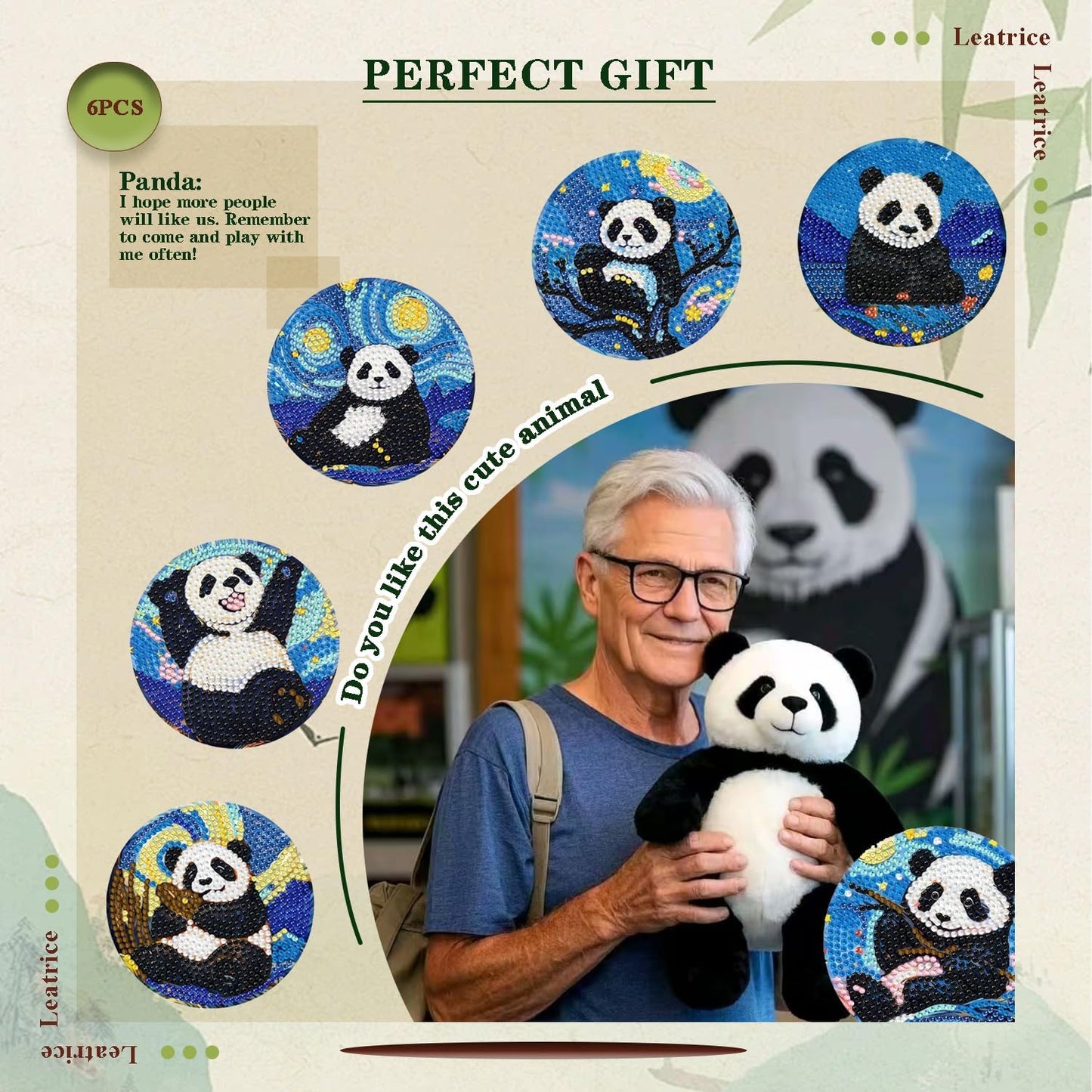 Leatrice 6PCS Panda Diamond Art Coasters Small Diamond Painting Kits for Adults Diamond Dots Round Full Drill Diamond Coasters with Holder Easy Art Crafts for Beginners Women Gifts