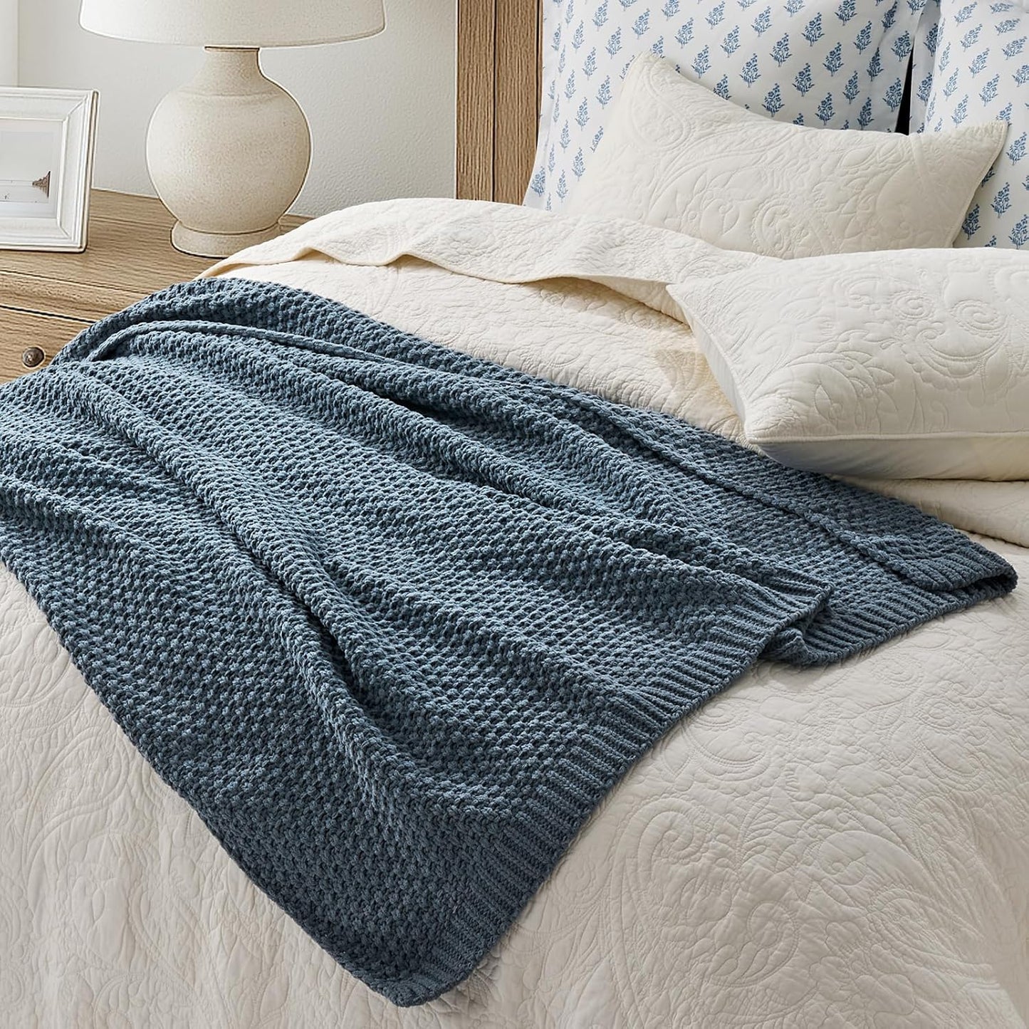 EVERGRACEHOME Chunky Chenille Knit Throw Blanket for Couch, Soft Luxurious Moss Stitch Blankets for Bed, Cozy Decorative Farmhouse Knitted Throws for Sofa, Stormy Blue, 60" x 80"