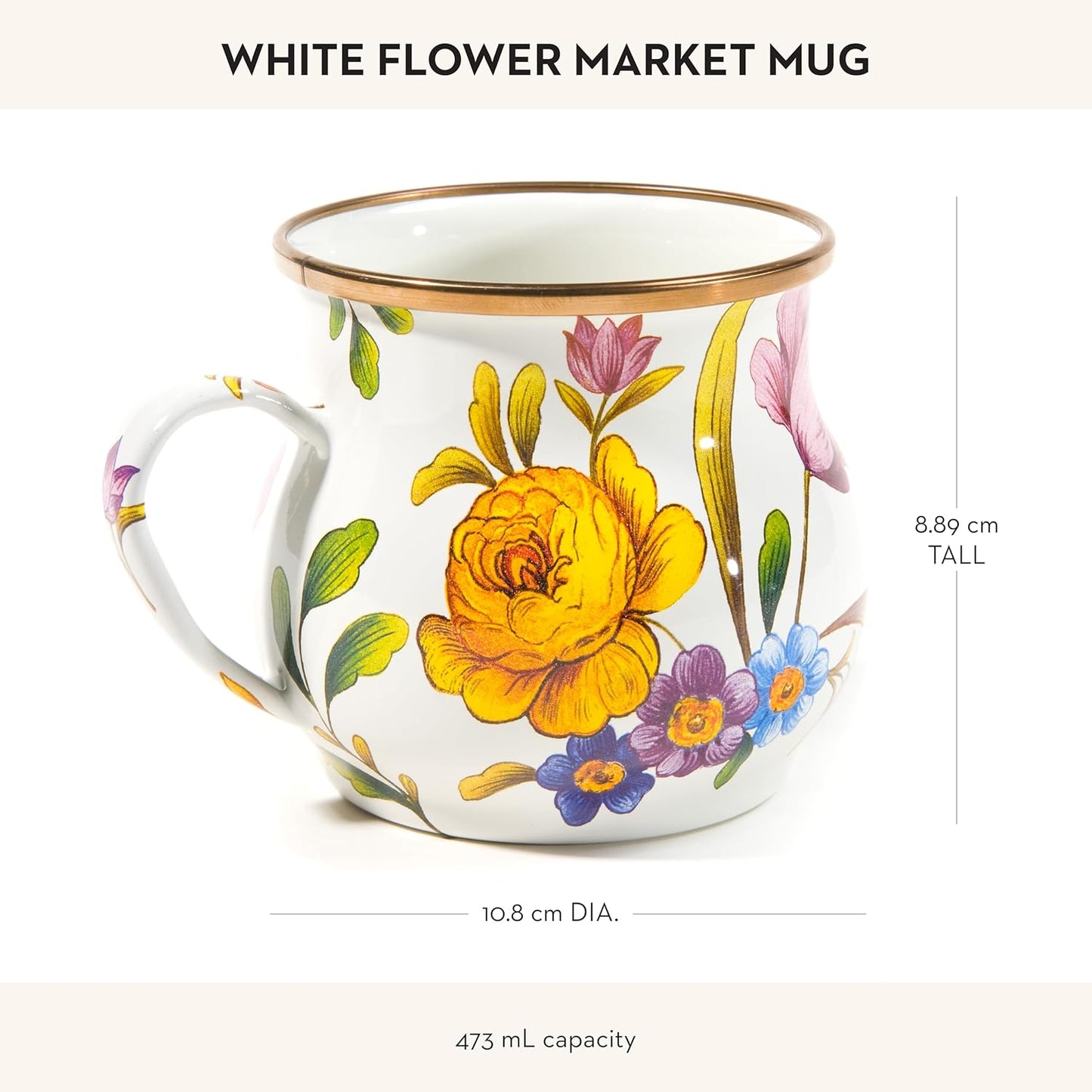 MACKENZIE-CHILDS Enamel Mug, Cute Enamelware Coffee and Tea Mug, Unique Drinkware, 16 Ounces, White Flower Market, Set of 1