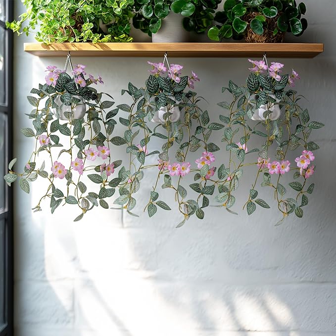 2PCS Artificial Hanging Plant with Pot Faux Hanging Plants Small Hanging Plants Pot with Artificial Vines and Flower Greenery Decoration for Living Room Wall Home Wall Shelf(Pink)