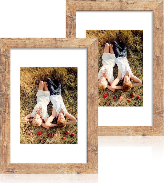 iRahmen 8x12 Picture Frame Set of 2, Rustic Brown Wood Frame with High Definition Glass, Display Pictures 6x8 with Mat or 8 x 12 without Mat for Horizontal or Vertical Tabletop and Wall Mounting