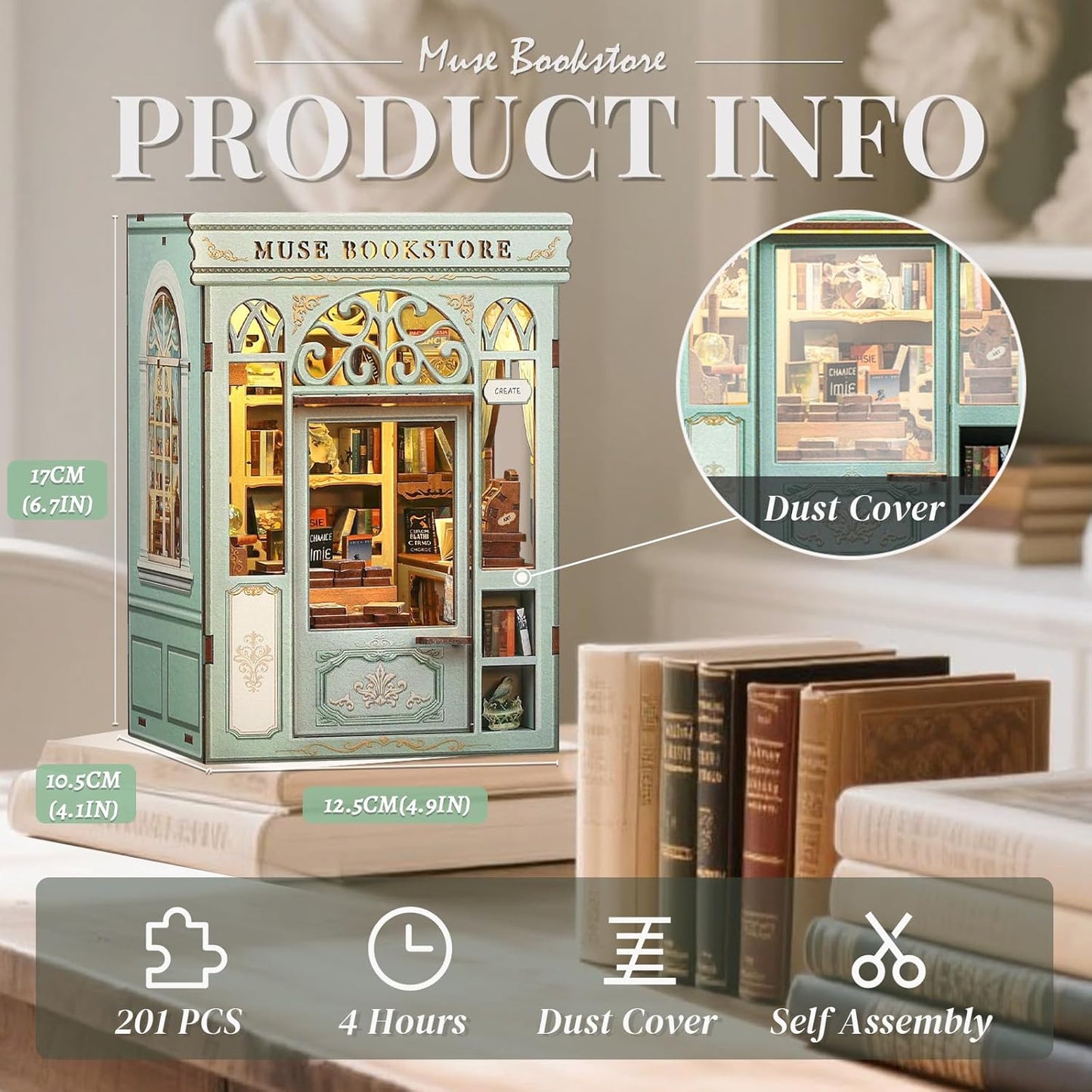 Cutefun Book Nook Kit - DIY Miniature Dollhouse Kit 3D Creative Decorative Bookend 3D Wooden Puzzle for Adults, Bookshelf Insert Library Decor with LED Light (Muse Bookstore)
