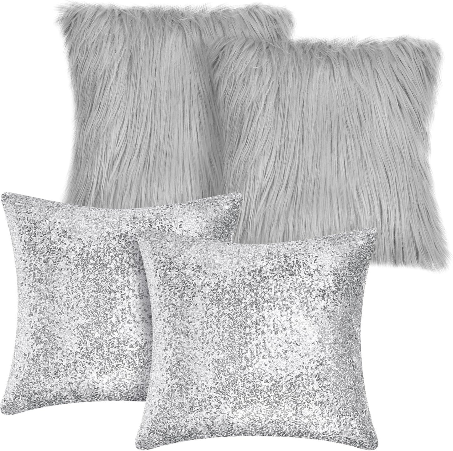 Irenare 4 Pcs Sequin and Fluffy Pillow Covers Winter Throw Pillow Cases Soft Cushion Cover for Couch Bed Sofa Xmas Day(18 x 18 Inch,Silver, Gray)