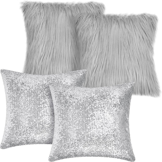 Irenare 4 Pcs Sequin and Fluffy Pillow Covers Winter Throw Pillow Cases Soft Cushion Cover for Couch Bed Sofa Xmas Day(18 x 18 Inch,Silver, Gray)