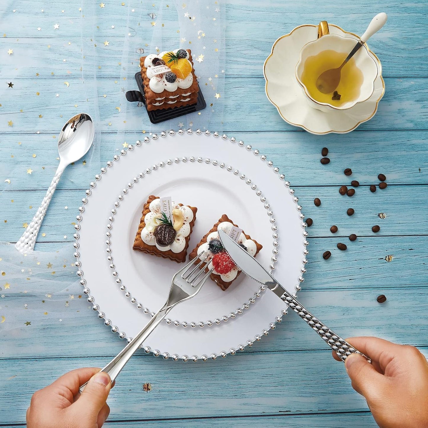 HOMIP 75Pcs Fancy Disposable Dinnerware Party Set, 15 Dinner Plates 15 Dessert Plates with Silver Bead Rimed, 15 Silver Spoons, 15 Knives, 15 Forks, Plastic Silverware for Wedding Birthday Party