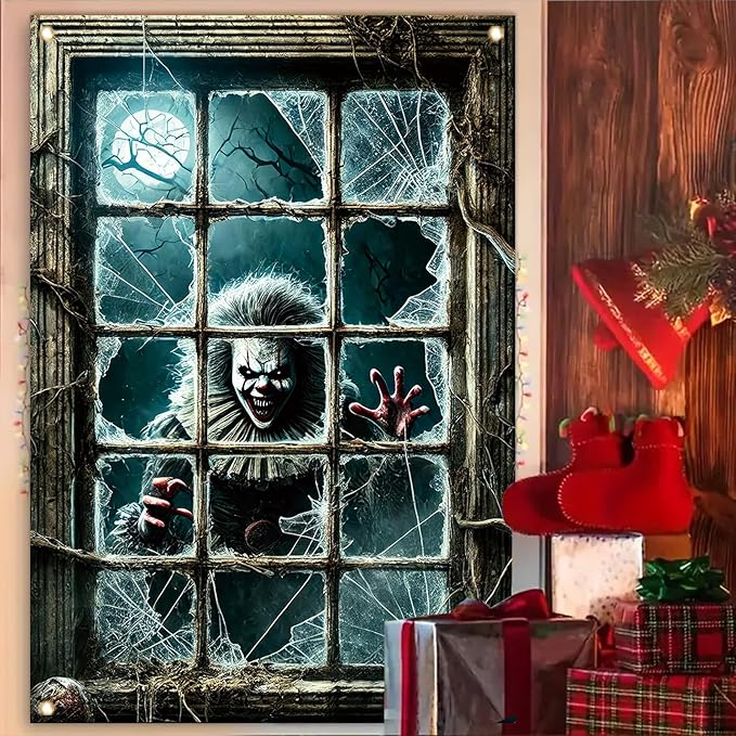 47x31 Inch Halloween Spooky Clown Window Cover Decoration Creepy Clown Horror Backdrop with Broken Glass Spooky Window Poster for Haunted House Outdoor Party Scary Theme Yard Decor