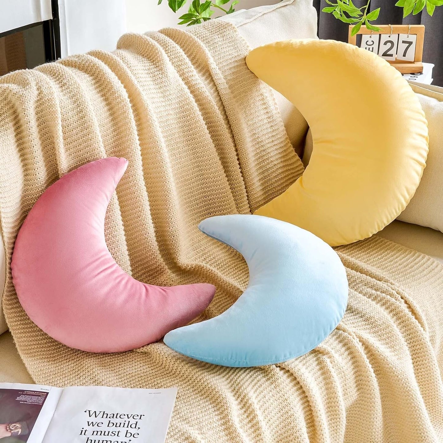 Blue Moon Pillow, 19.6" Cute Soft Velvet Half Moon Shape Plush Decorative Throw Pillows Cushions Room Decor for Couch Bedroom Living Room