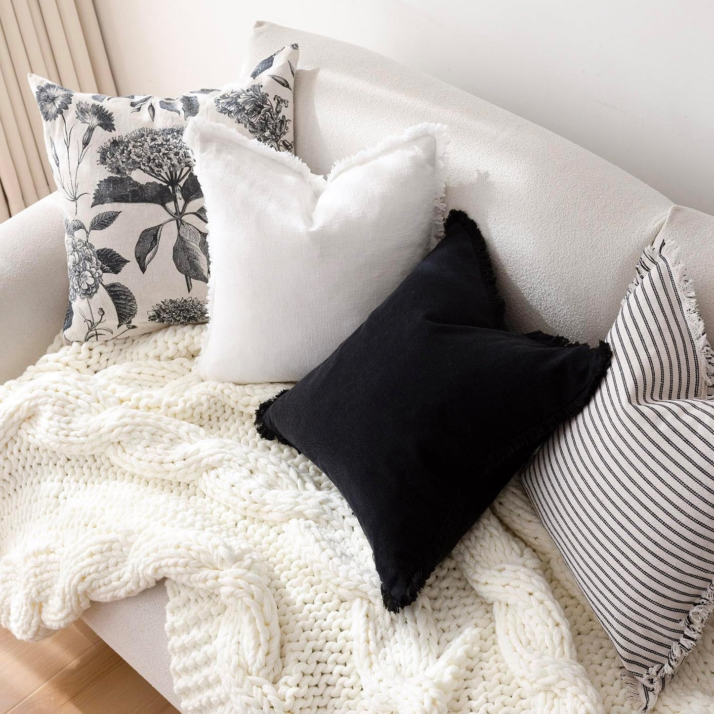 Foindtower Decorative Linen Fringe Throw Pillow Covers Cozy Boho Farmhouse Cushion Cover with Tassels Soft Accent Pillowcase for Chair Sofa Bed Living Room Home Decor, 26×26 Inch, 1PC, Black