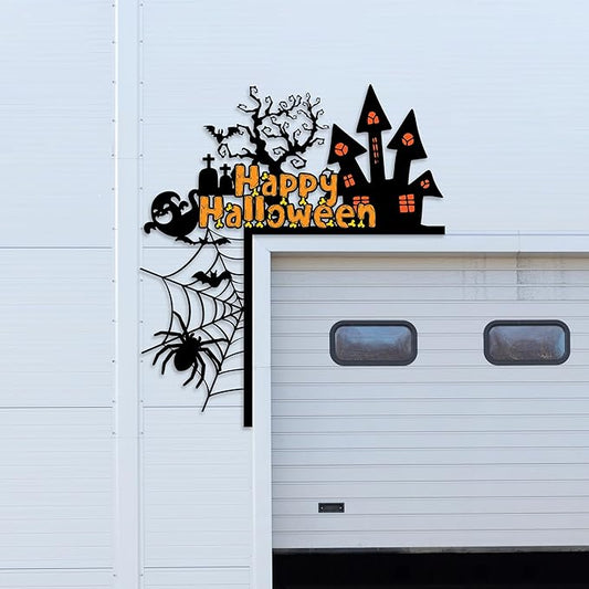 Personalized Metal Happy Halloween Door Toppers, Custom Haunted House Ghosts Spider Web Door Corner Sign, UV Printed Spooky Frame Top Decorative Creative Silhouette Wall Art Decor