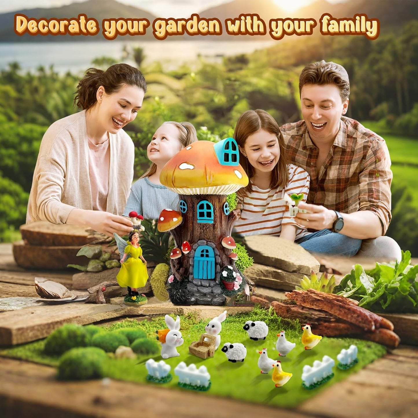 DONABELA Fairy Garden Kit Small Mushroom House Miniature Animals Figurines Accessories Outdoor Tiny Decor for Kids 18 PCS